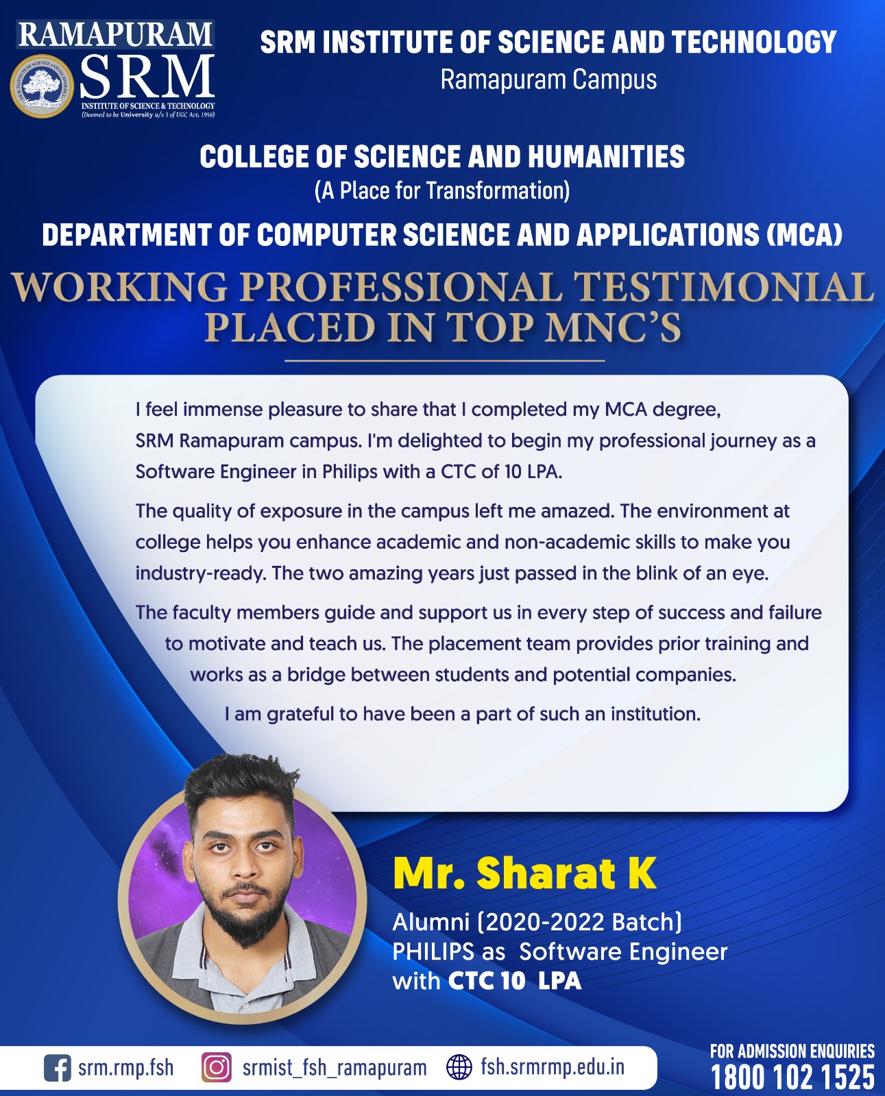 Sharat K, Software Engineer at Philips with CTC 10 LPA