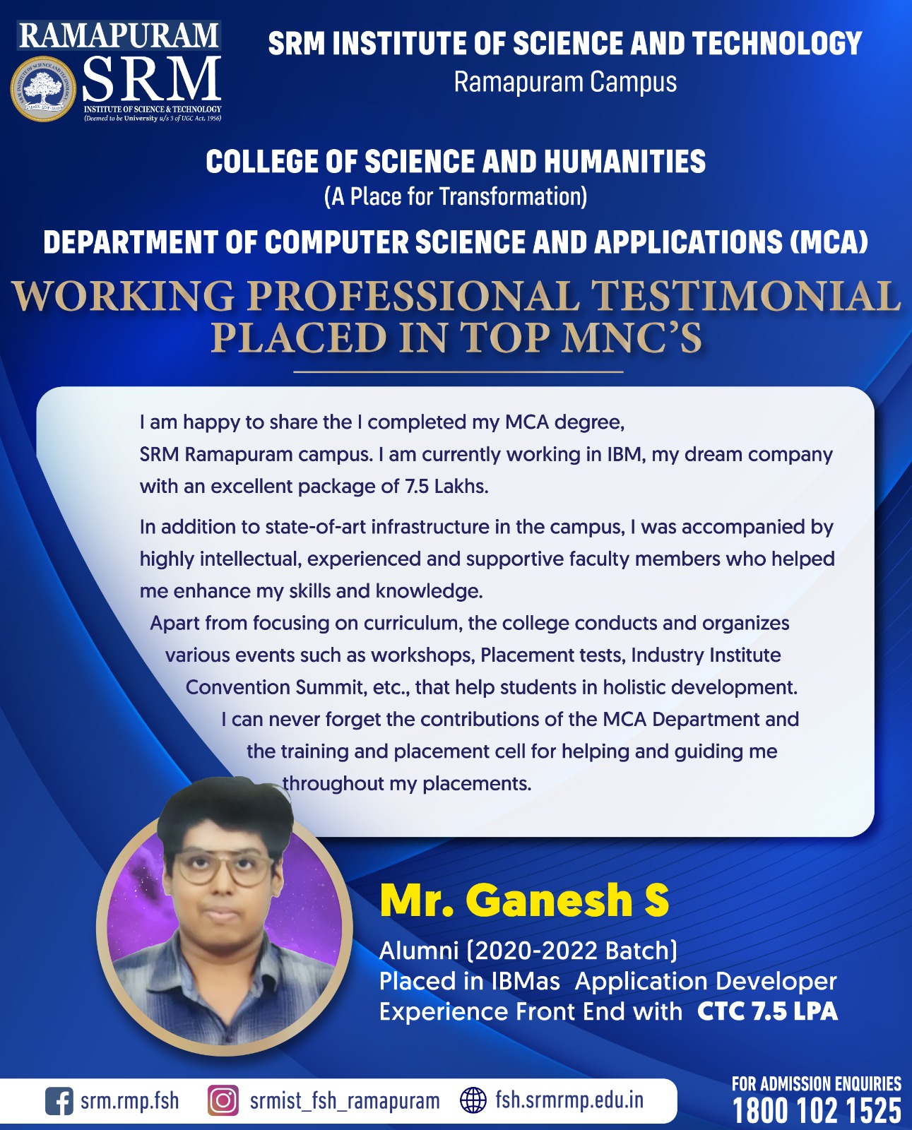 Ganesh S, Application Developer at IBM with CTC 7.5 LPA