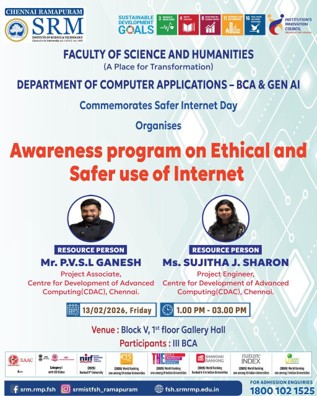 SRM Ramapuram poster for Safer Internet Day awareness program on ethical and safer use of the internet, featuring resource persons Mr. P.V.S.L. Ganesh and Ms. Sujitha J. Sharon, held on 13 Feb 2026 at 1 PM.
