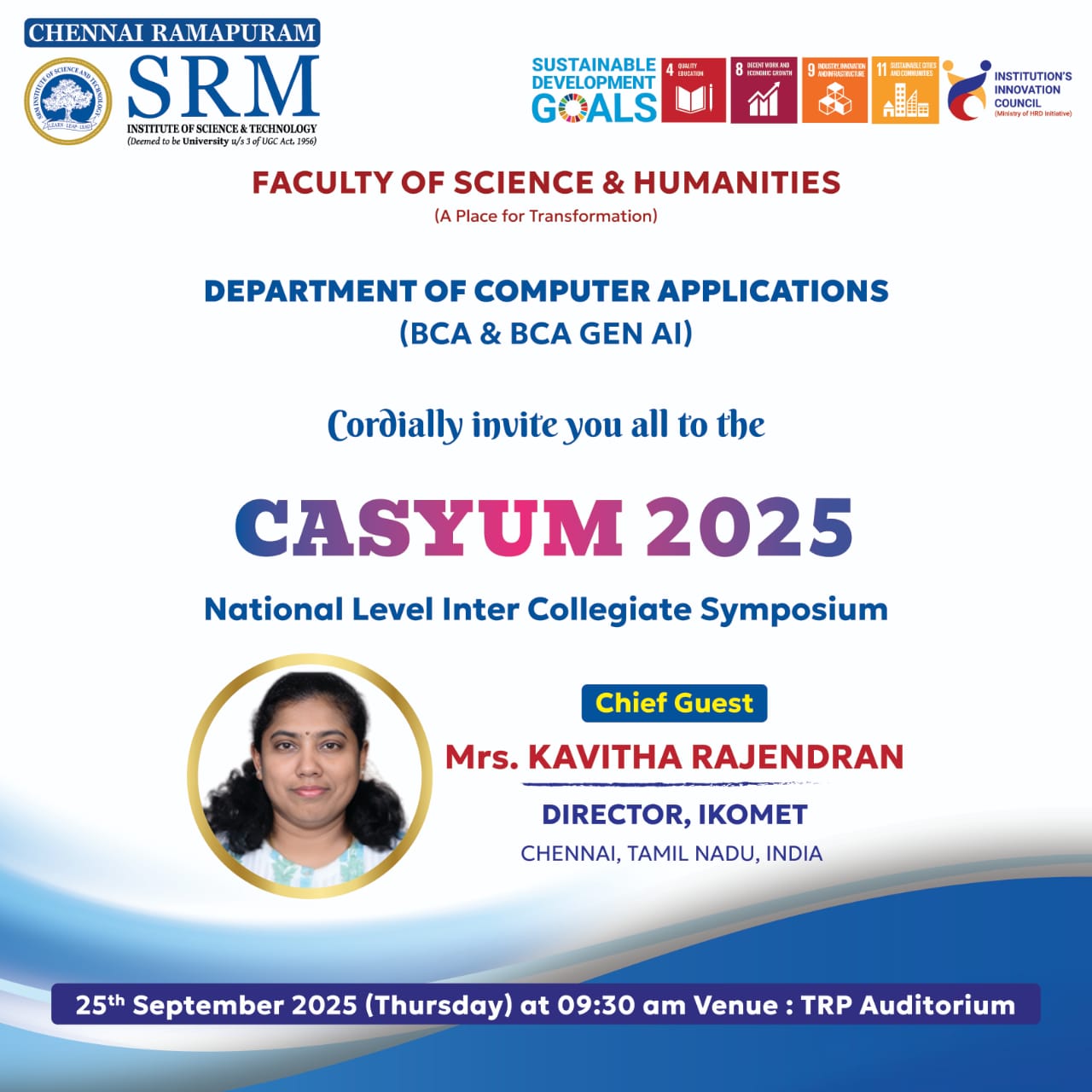 Poster for CASYUM 2025, the National Level Inter Collegiate Symposium organized by the Department of Computer Applications (BCA & BCA Gen AI), SRM Ramapuram.