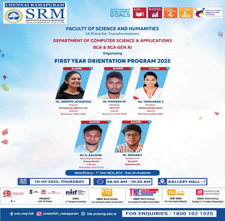 Poster for the First Year Orientation Program 2025 Alumni Interaction organized by the Department of Computer Science and Applications (BCA & BCA Gen AI), SRM Ramapuram.