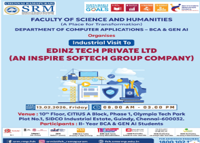 Poster for SRM Ramapuram industrial visit to Edinz Tech Private Ltd (An Inspire Softech Group Company), organized by the Department of Computer Applications – BCA & Gen AI for II-year BCA and Gen AI students on 13 February 2026 from 8:00 AM to 3:00 PM at Olympia Tech Park, Guindy, Chennai.