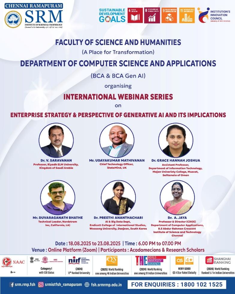 Poster for the International Webinar Series on Enterprise Strategy & Perspective of Generative AI and Its Implications organized by the Department of Computer Science and Applications, SRM Ramapuram.
