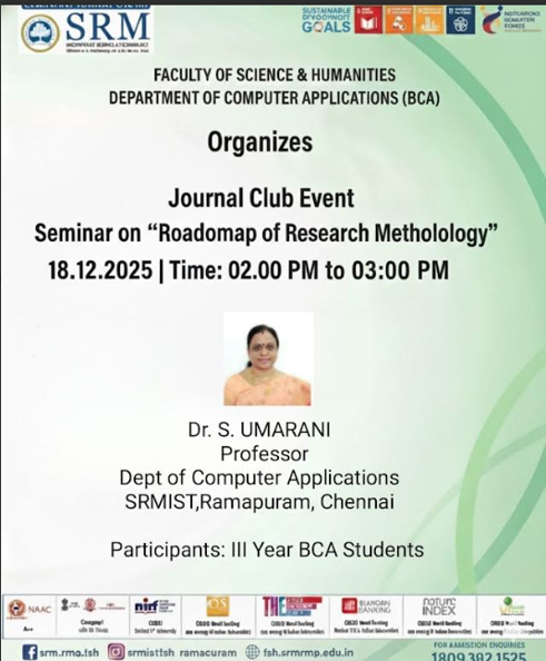 Poster for SRM Ramapuram Journal Club Event seminar on “Roadmap of Research Methodology”, organized by the Department of Computer Applications (BCA), featuring Dr. S. Umarani, Professor, SRMIST Ramapuram, on 18 December 2025 from 2:00 PM to 3:00 PM for III Year BCA students.