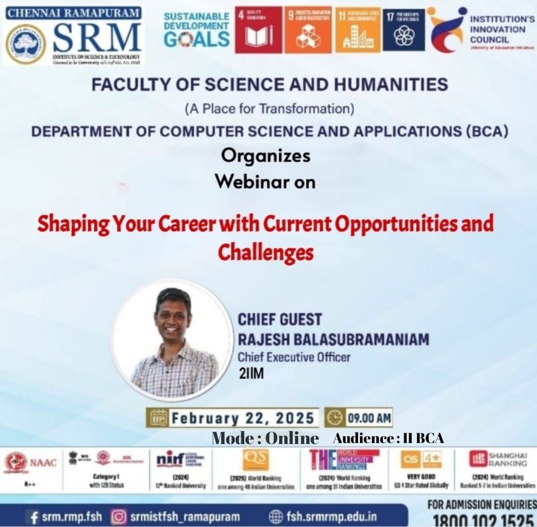 Career opportunities and challenges webinar poster for II Year BCA students at SRM Ramapuram.
