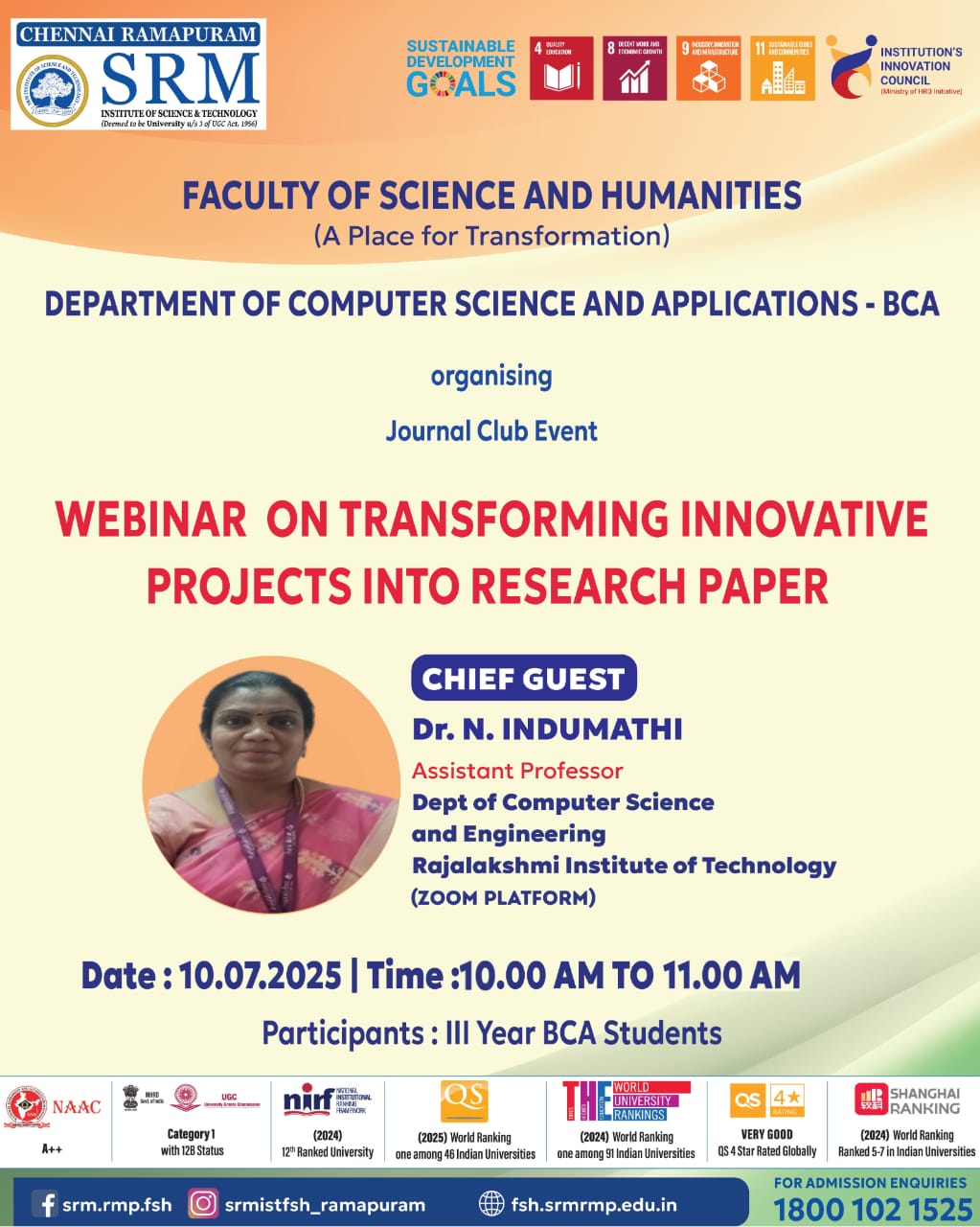 Poster for the Journal Club Webinar on Transforming Innovative Projects into Research Paper organized by the Department of Computer Applications (BCA), SRM Ramapuram.