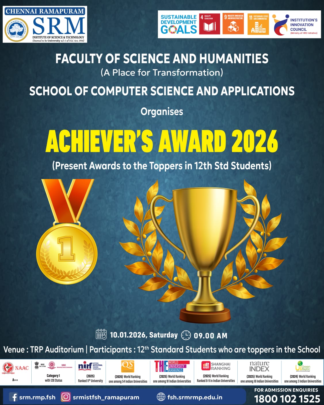 Poster for Achiever's Award 2026 organized by the School of Computer Science and Applications, Faculty of Science and Humanities, SRM Institute of Science and Technology, Ramapuram, honoring 12th Standard school toppers on 10 January 2026.