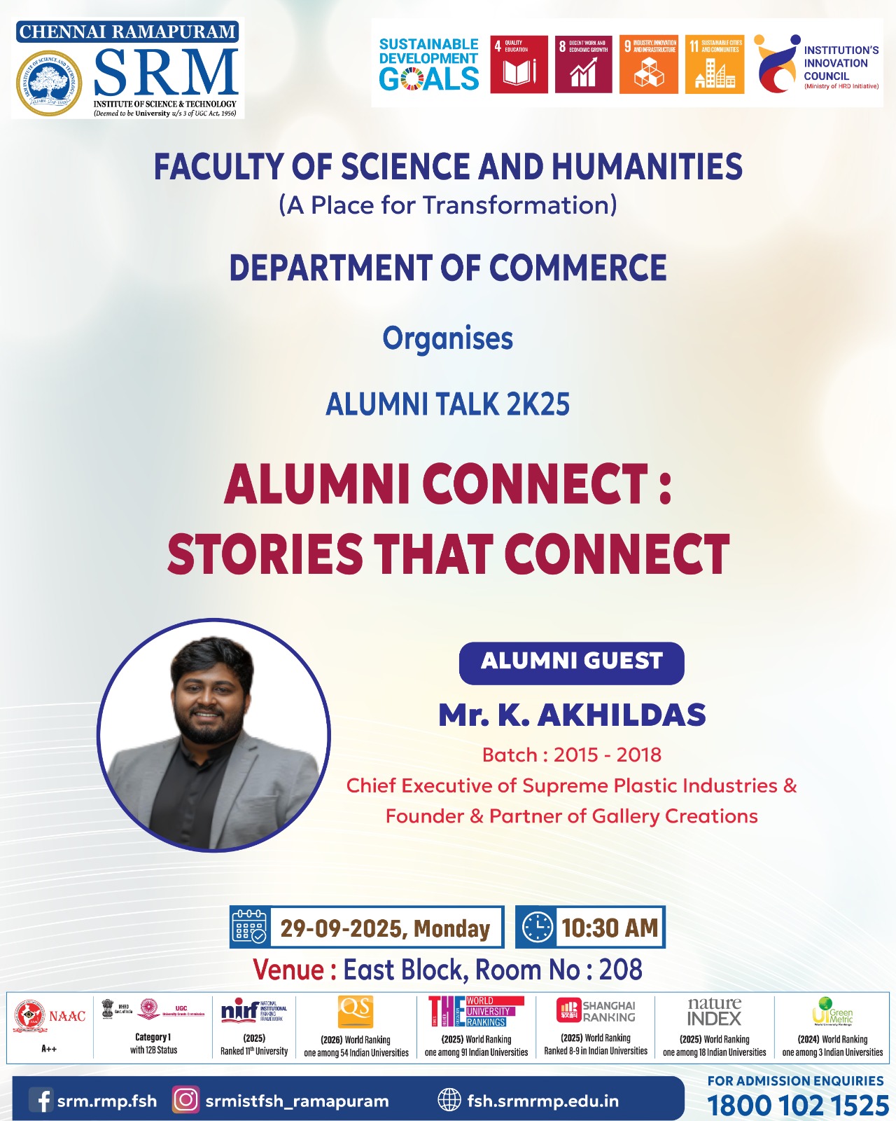 Poster for SRM Institute of Science and Technology, Ramapuram, Department of Commerce Alumni Talk 2K25 titled “Alumni Connect: Stories That Connect,” featuring alumni guest Mr. K. Akhildas, scheduled on 29 September 2025 at East Block, Room No. 208.