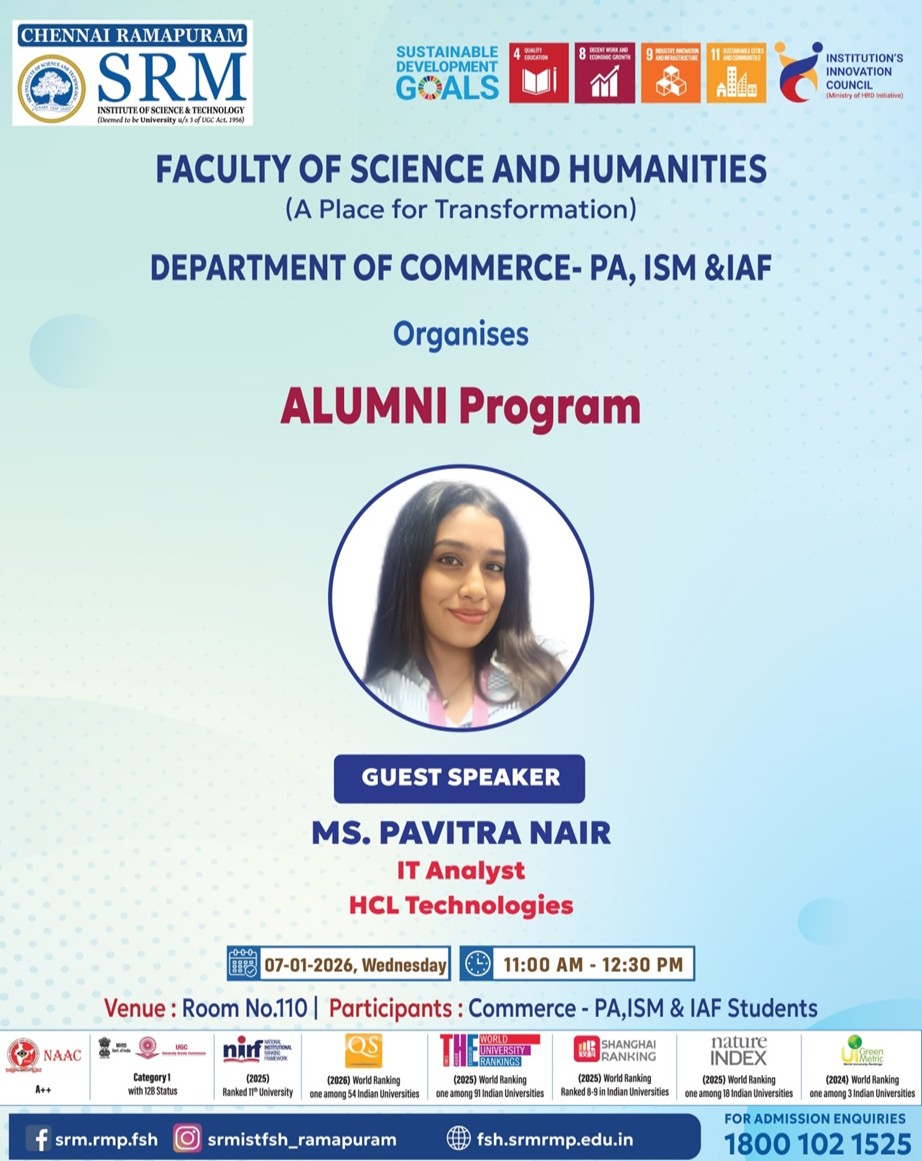 Poster for an Alumni Program organized by the Department of Commerce – PA, ISM & IAF at SRM Ramapuram, featuring Ms. Pavitra Nair, IT Analyst at HCL Technologies, on 7 January 2026.