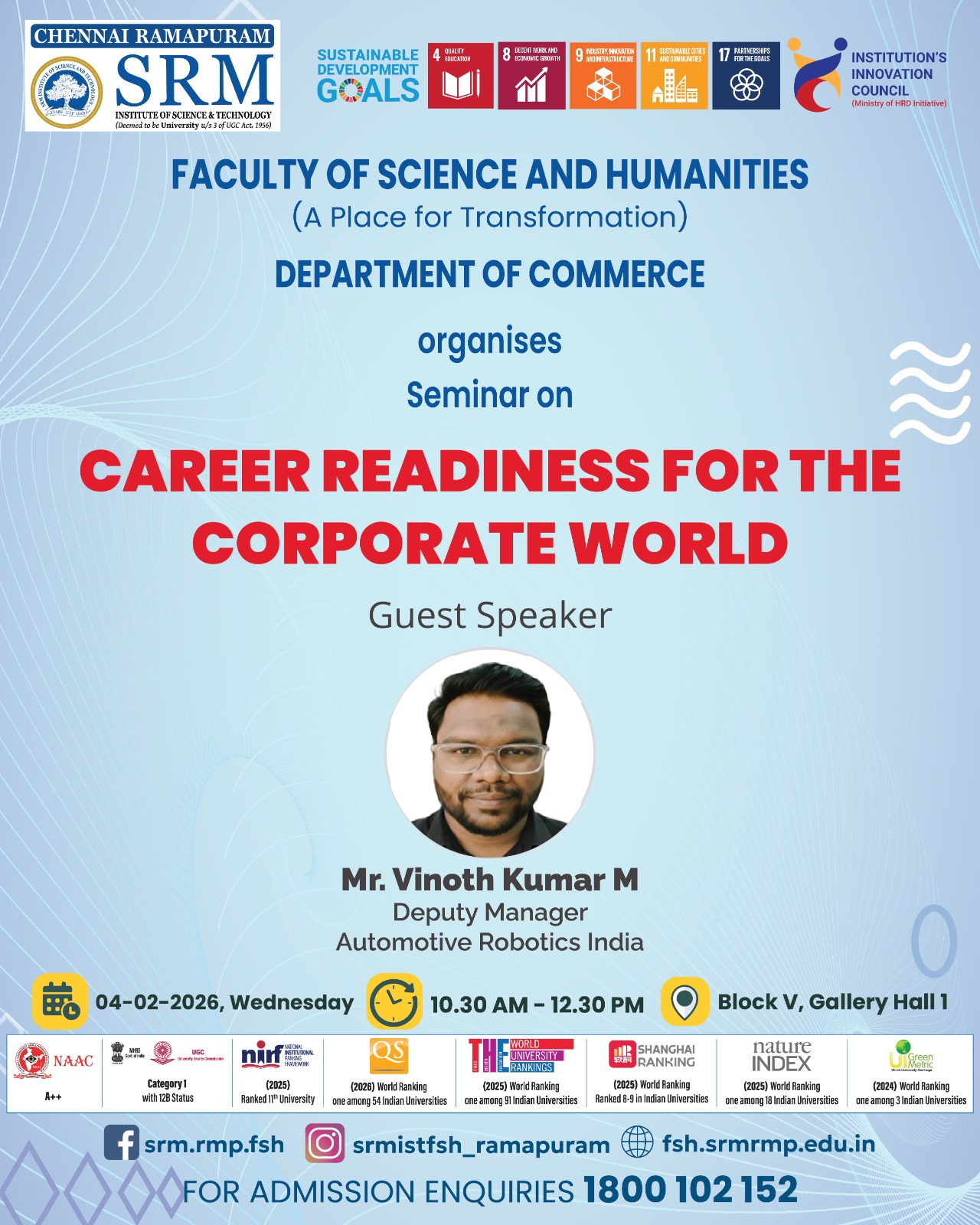 Poster for the seminar “Career Readiness for the Corporate World,” organized by the Department of Commerce, SRM Ramapuram, featuring Mr. Vinoth Kumar M, Deputy Manager, Automotive Robotics India, on 4 February 2026 at Gallery Hall 1.