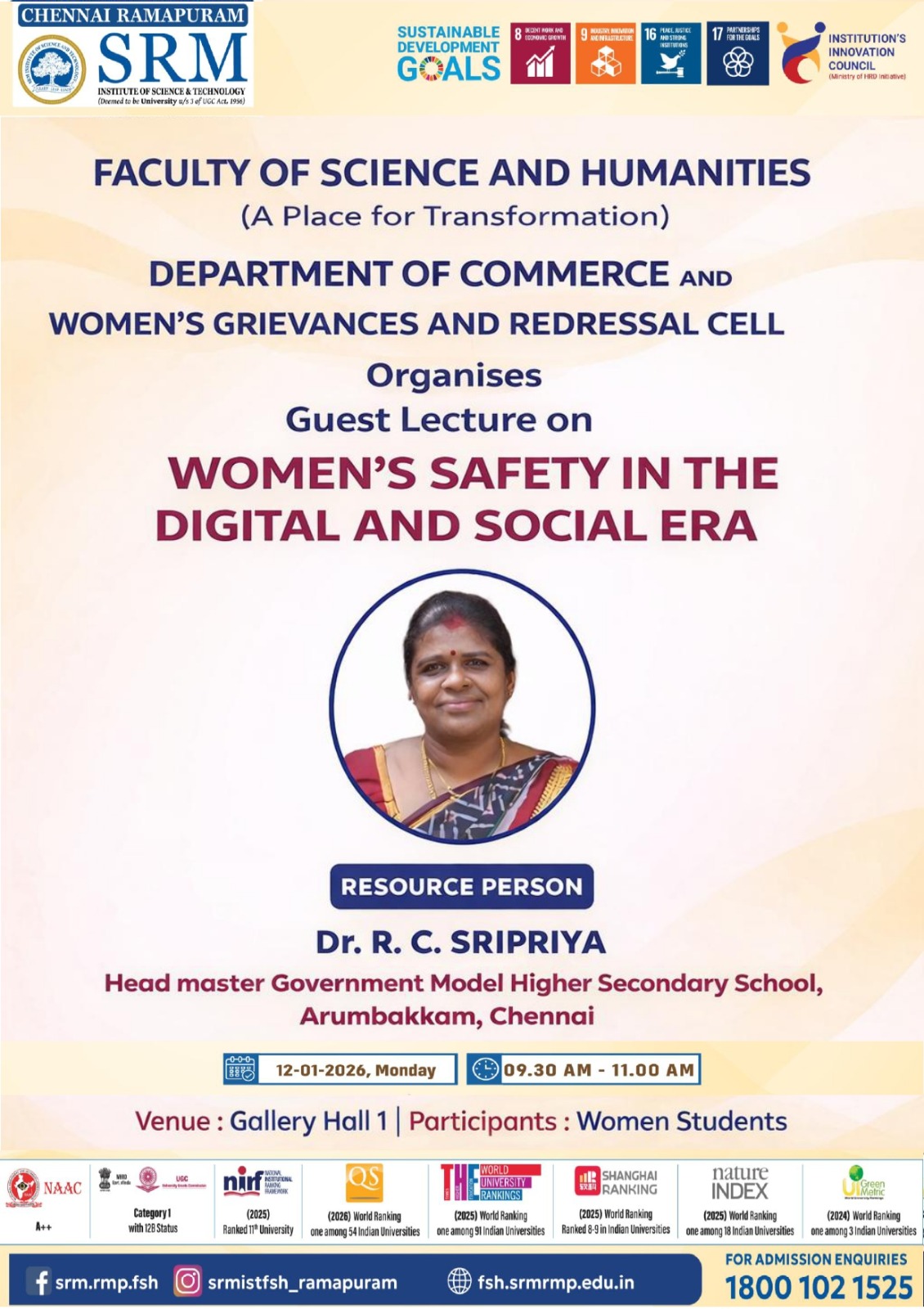 Poster for the guest lecture “Women’s Safety in the Digital and Social Era,” organized by the Department of Commerce and Women’s Grievances and Redressal Cell at SRM Ramapuram, featuring Dr. R. C. Sripriya on 12 January 2026 at Gallery Hall 1.