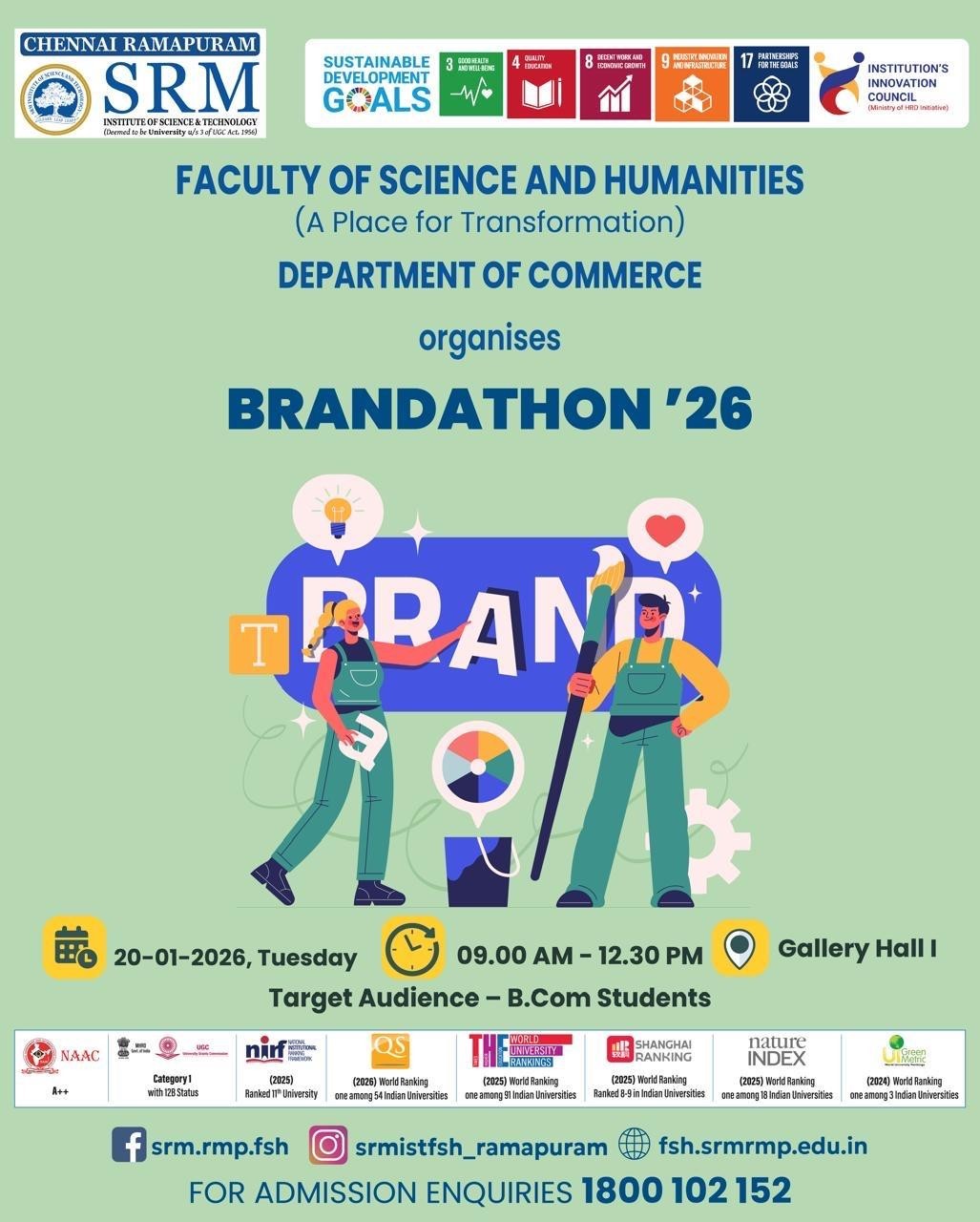 Poster for Brandathon ’26 organized by the Department of Commerce, Faculty of Science and Humanities, SRM Ramapuram, for B.Com students on 20 January 2026 at Gallery Hall I.
