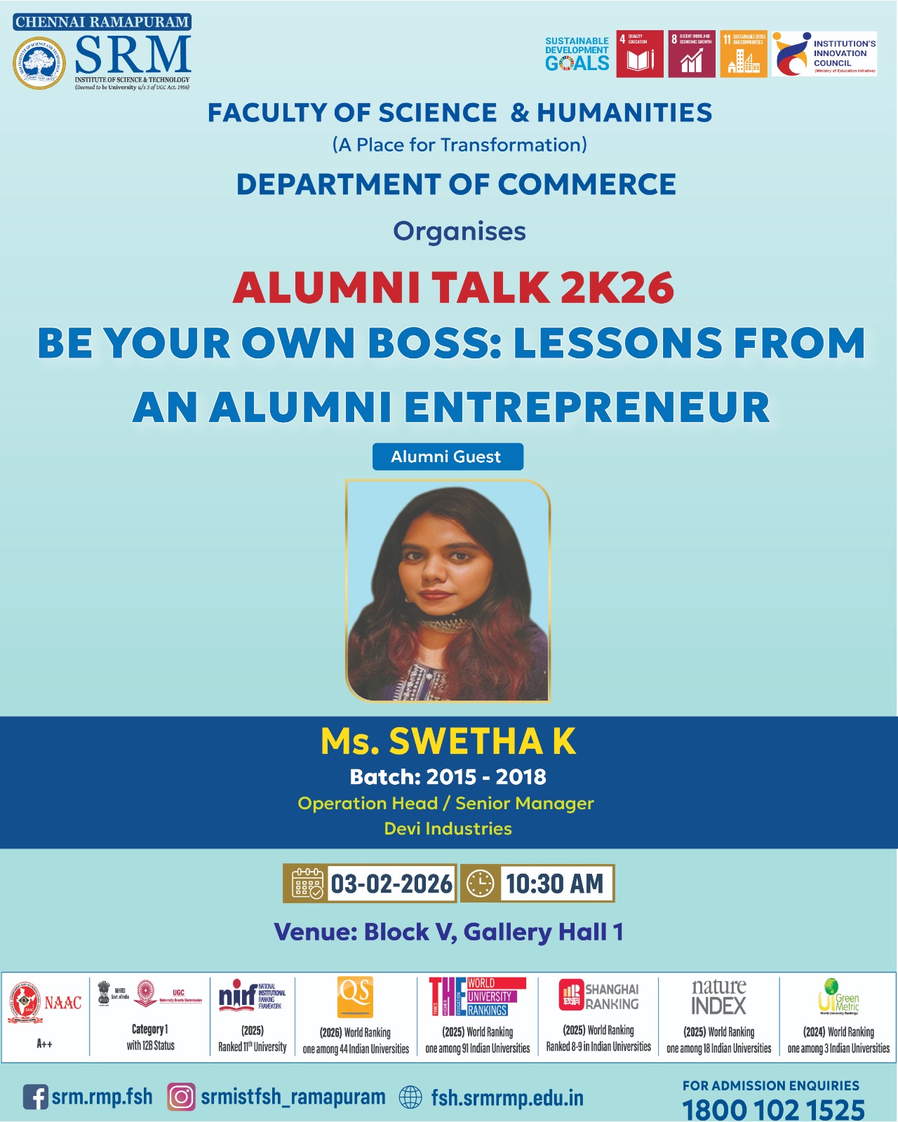 Poster for Alumni Talk 2K26 titled “Be Your Own Boss: Lessons from an Alumni Entrepreneur,” organized by the Department of Commerce at SRM Ramapuram on 3 February 2026, featuring alumni guest Ms. Swetha K.