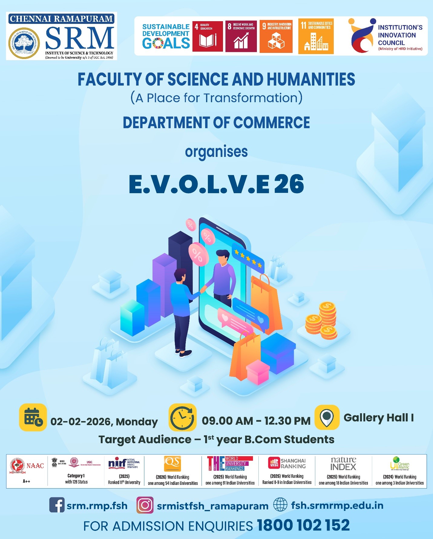Poster for E.V.O.L.V.E 26 organized by the Department of Commerce, Faculty of Science and Humanities, SRM Ramapuram, for first-year B.Com students on 2 February 2026 at Gallery Hall I.