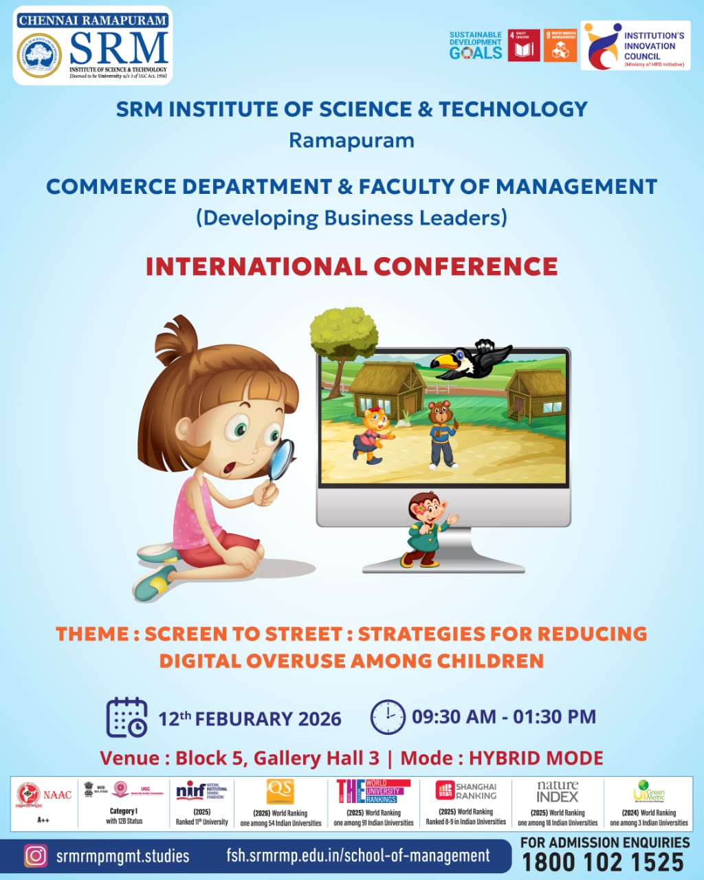 Poster for the International Conference on “Screen to Street: Strategies for Reducing Digital Overuse Among Children” organized by the Commerce Department and Faculty of Management, SRM Institute of Science and Technology, Ramapuram, in hybrid mode.