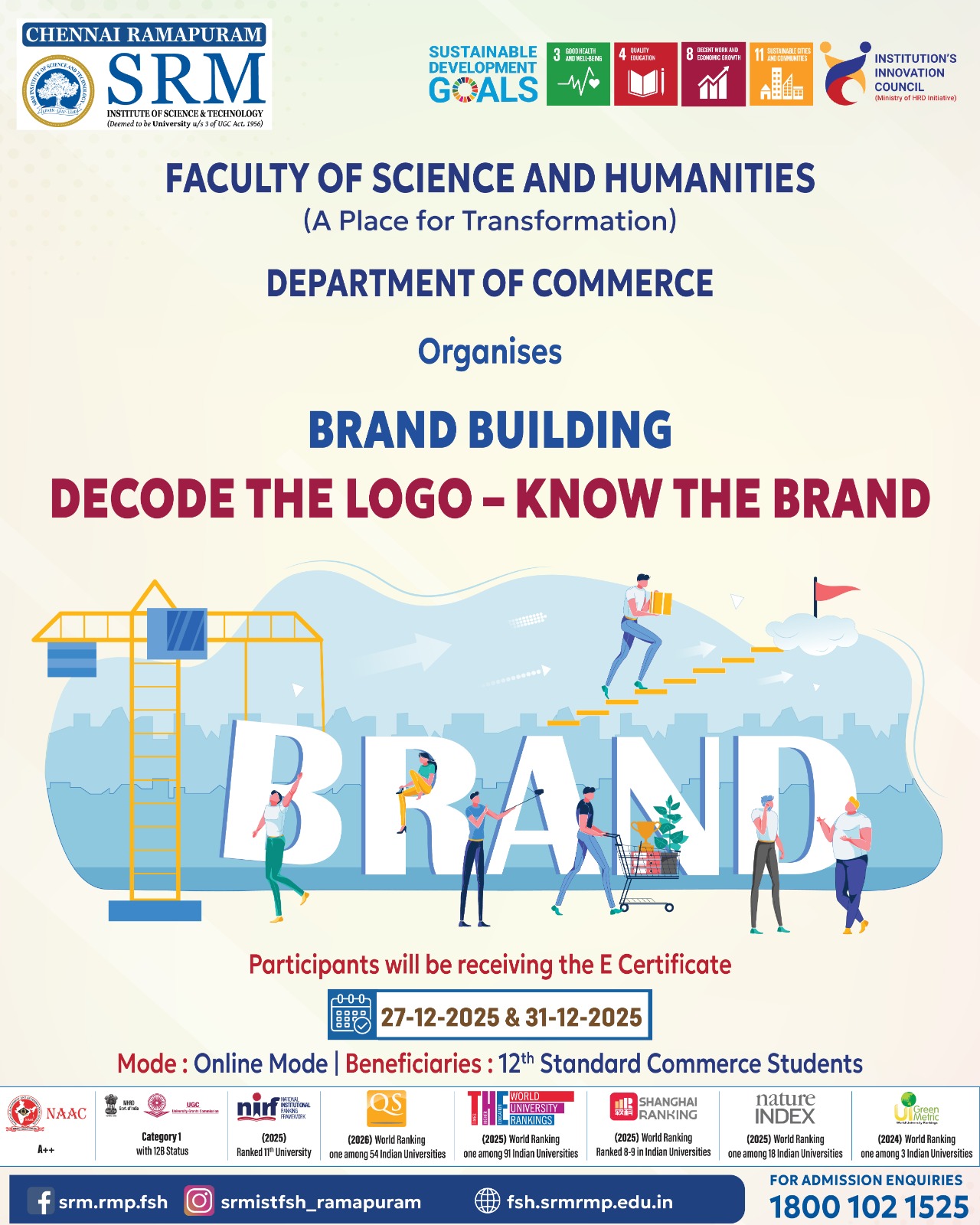 Poster for the Department of Commerce online brand-building event “Decode the Logo – Know the Brand,” held on 27 and 31 December 2025 for 12th Standard Commerce students.