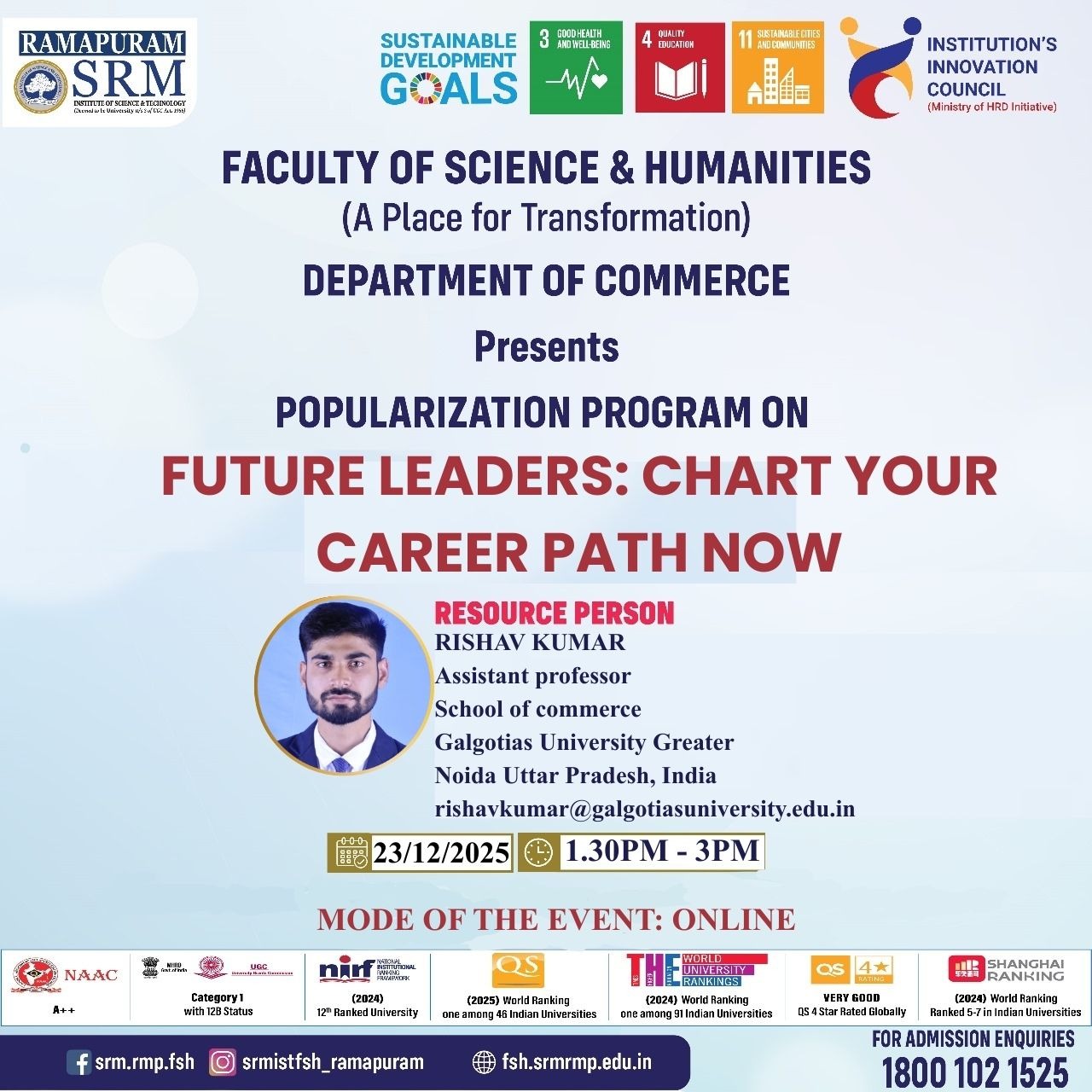 Poster for the Department of Commerce online Popularization Program “Future Leaders: Chart Your Career Path Now,” held on 23 December 2025, featuring resource person Mr. Rishav Kumar from Galgotias University.