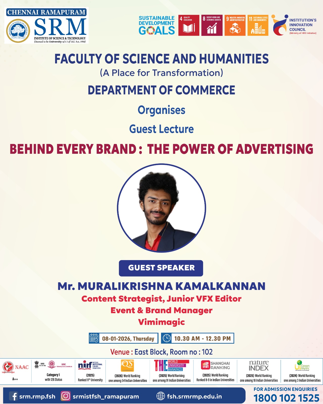 Poster for the Department of Commerce guest lecture “Behind Every Brand: The Power of Advertising,” held on 8 January 2026 at SRM Ramapuram, featuring guest speaker Mr. Muralikrishna Kamalkannan.