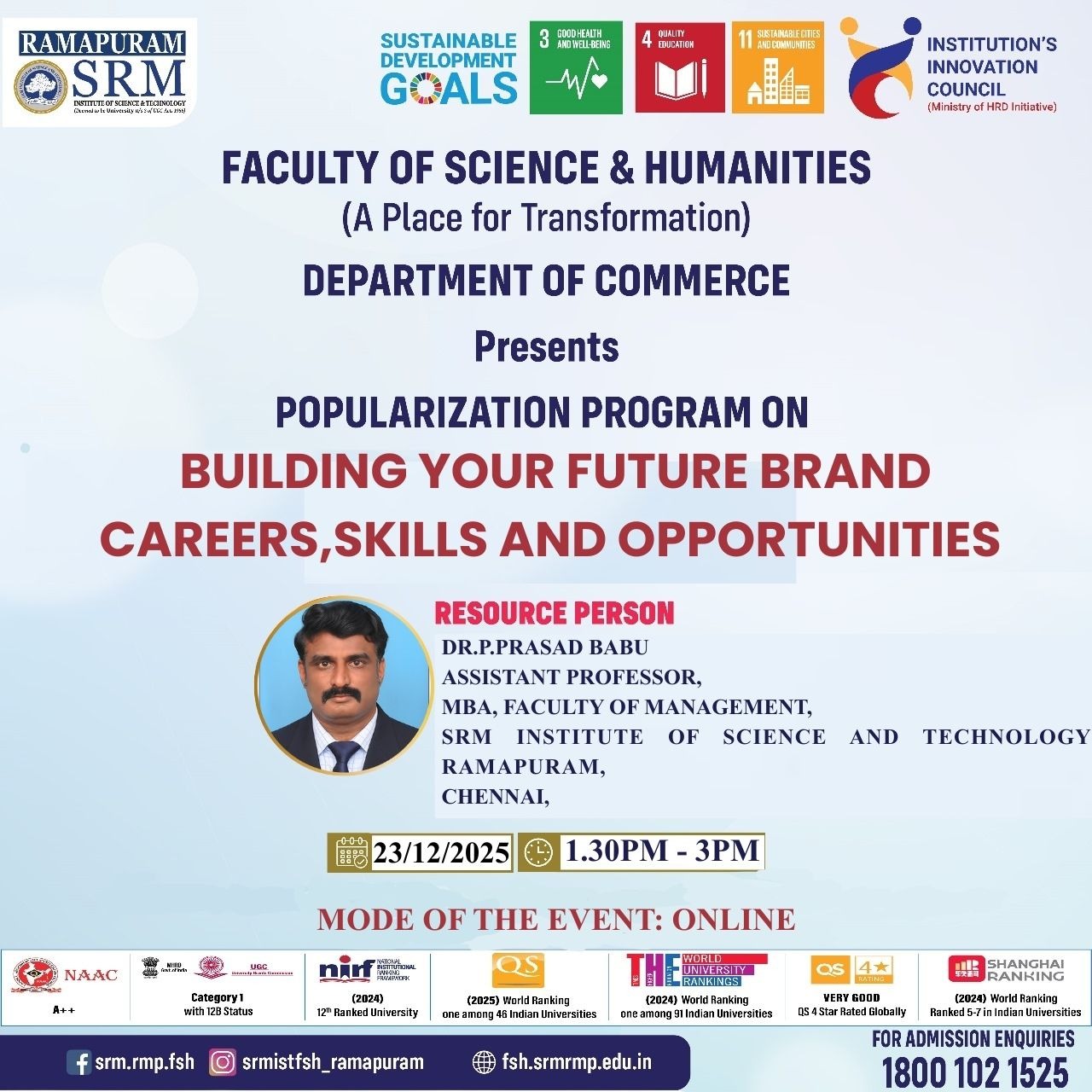Poster for the Department of Commerce online Popularization Program “Building Your Future Brand: Careers, Skills and Opportunities,” held on 23 December 2025, featuring resource person Dr. P. Prasad Babu.