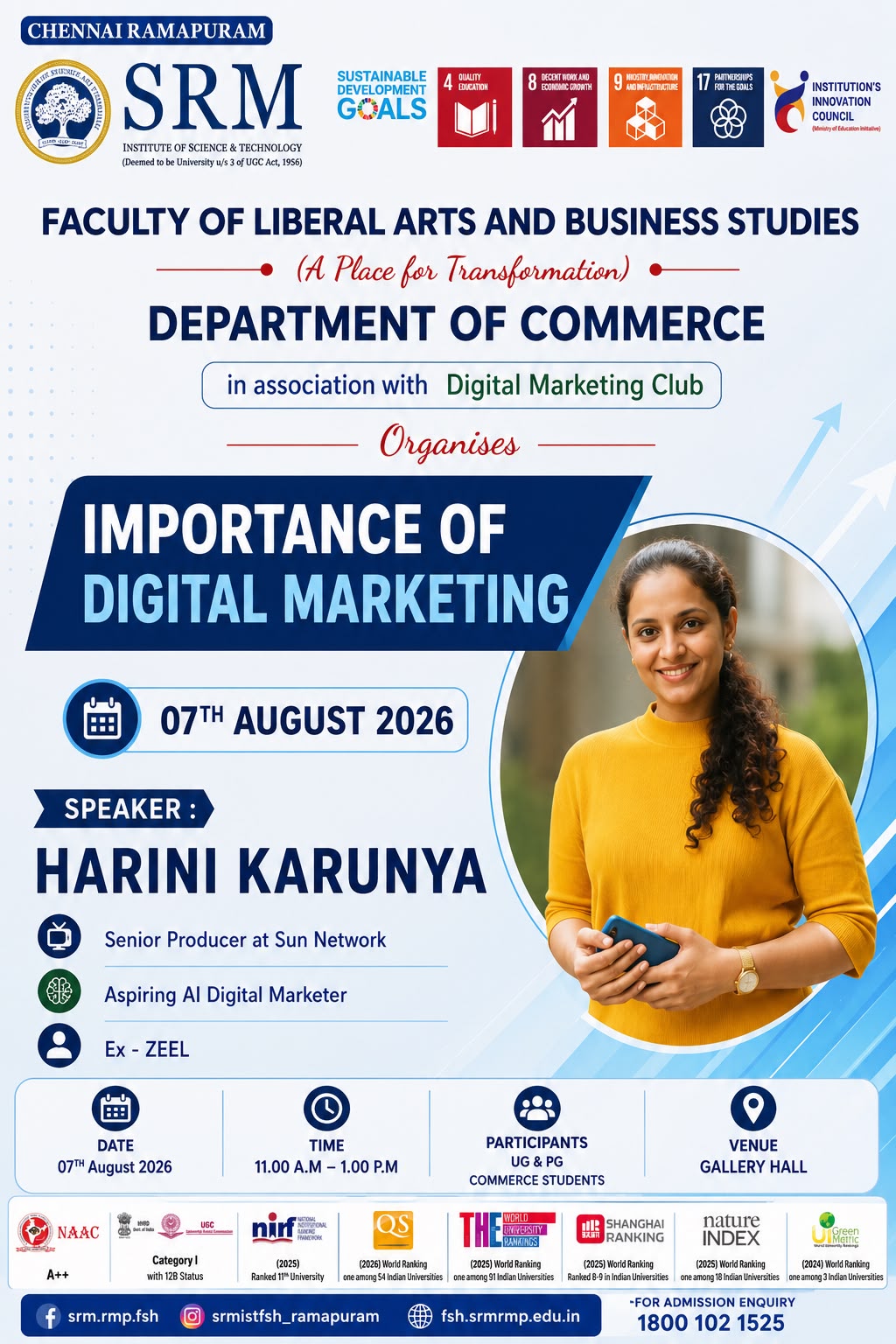 Importance of Digital Marketing event at SRM Institute featuring Harini Karunya