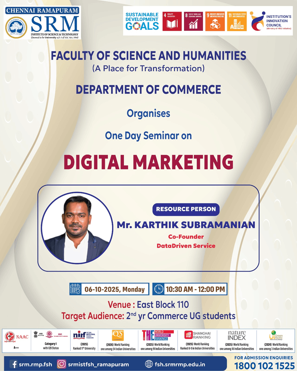 Poster for the One Day Seminar on Digital Marketing organized by the Department of Commerce on 6 October 2025 at East Block 110, featuring Mr. Karthik Subramanian, Co-Founder of DataDriven Service, as the resource person.