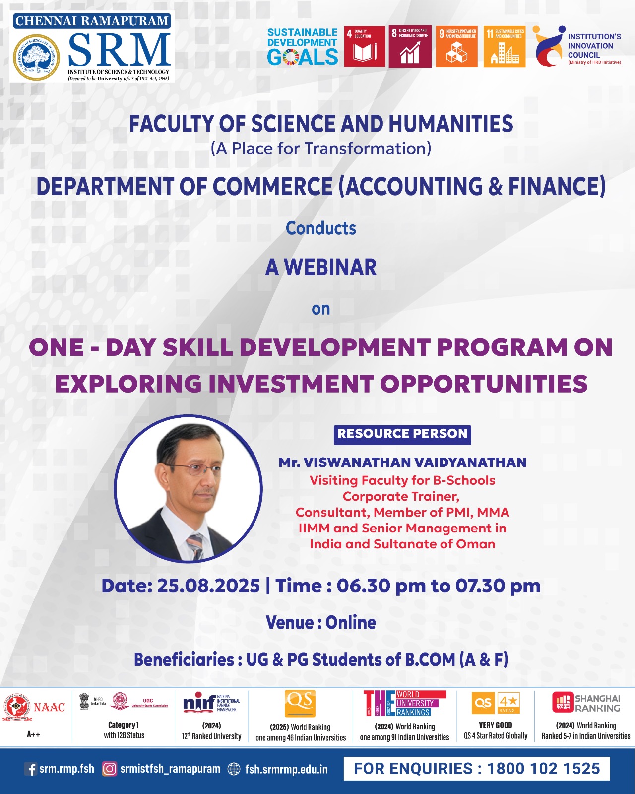 Poster for a webinar on one-day skill development program on exploring investment opportunities organized by SRM Ramapuram Department of Commerce Accounting and Finance.