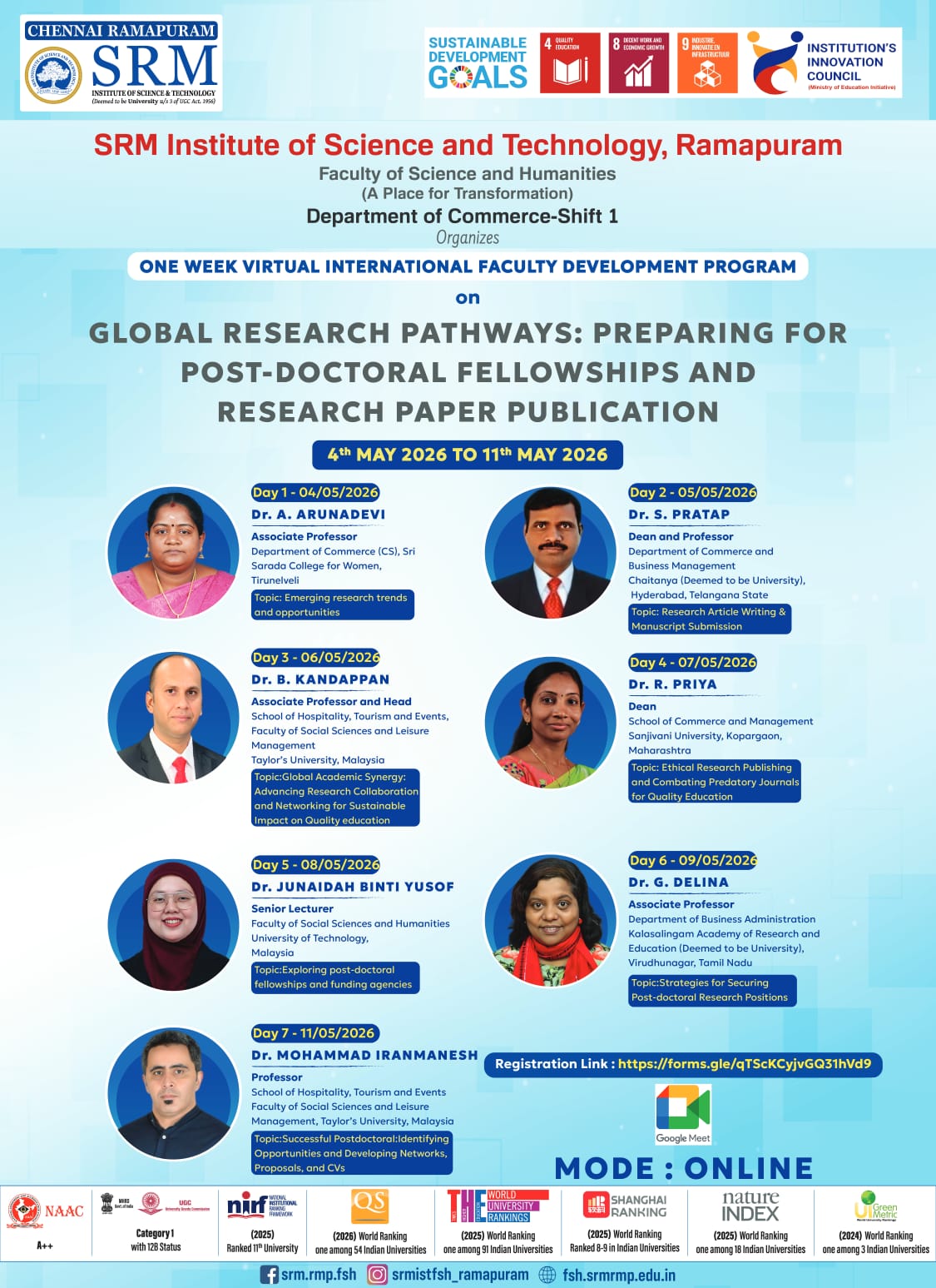 One Week International Faculty Development Programme On Preparing For Post-Doctoral Fellowships And Research Publication