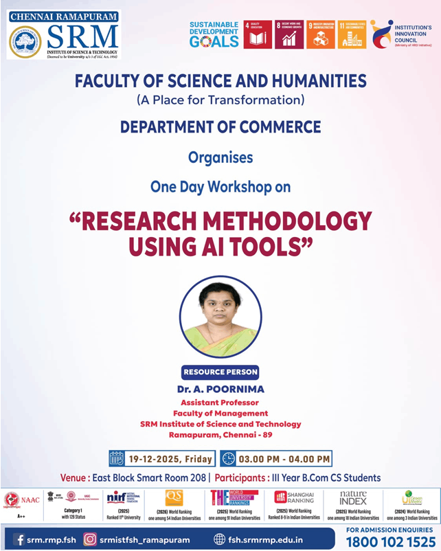 Poster for the One Day Workshop on “Research Methodology Using AI Tools” organized by the Department of Commerce on 19 December 2025 at East Block Smart Room 208 for III Year B.Com Corporate Secretaryship students, featuring Dr. A. Poornima as the resource person.