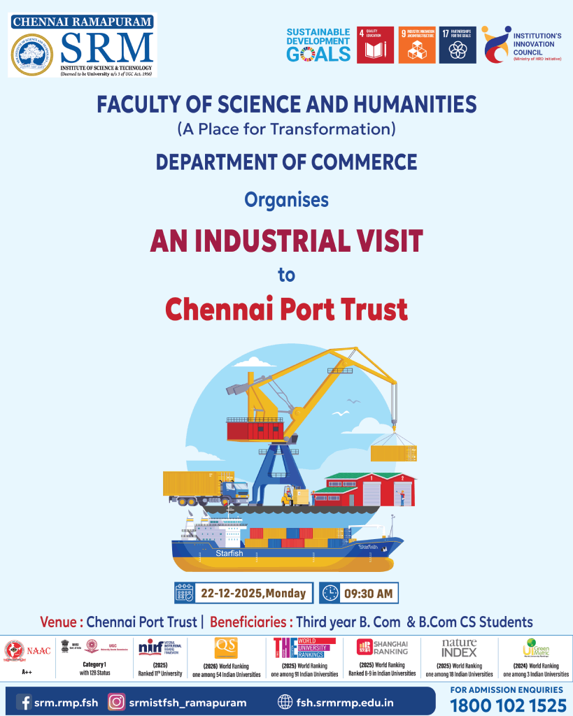 Poster for the Industrial Visit to Chennai Port Trust organized by the Department of Commerce on 22 December 2025 for third-year B.Com and B.Com Corporate Secretaryship students.