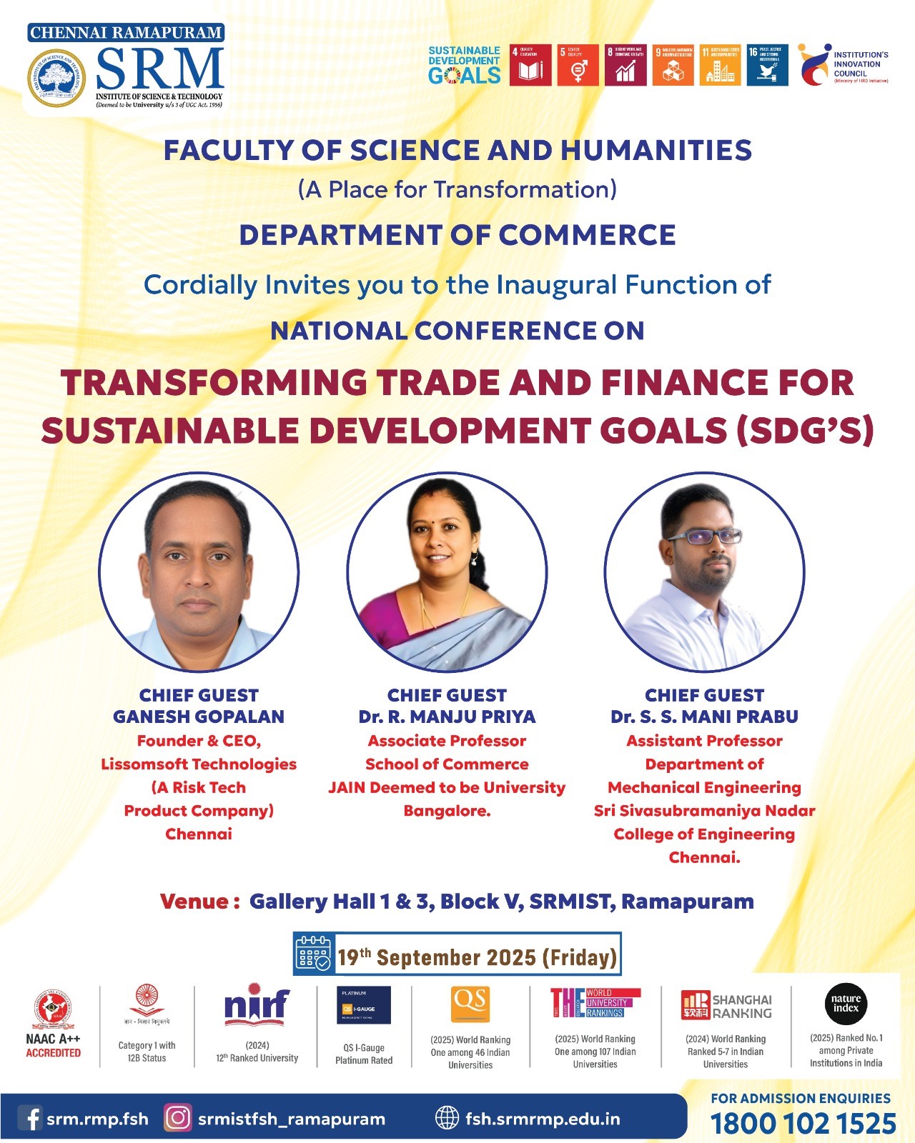 Poster for the National Conference on “Transforming Trade and Finance for Sustainable Development Goals (SDGs)” organized by the Department of Commerce on 19 September 2025 at SRMIST Ramapuram, featuring chief guests Ganesh Gopalan, Dr. R. Manju Priya, and Dr. S. S. Mani Prabu.