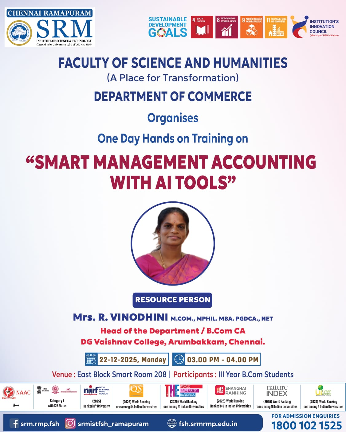 Poster for the One Day Hands-on Training on “Smart Management Accounting with AI Tools” organized by the Department of Commerce on 22 December 2025 at East Block Smart Room 208 for III Year B.Com students, featuring Mrs. R. Vinodhini as the resource person.