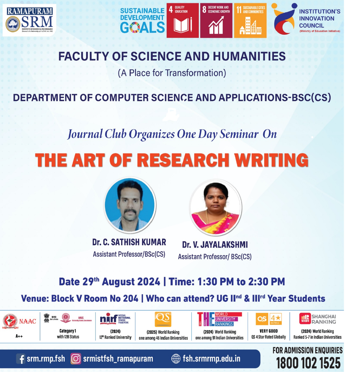 Poster for the One Day Seminar on The Art of Research Writing organized by the Journal Club, Department of Computer Science and Applications – B.Sc. (CS), Faculty of Science and Humanities, SRM Institute of Science and Technology, Ramapuram.