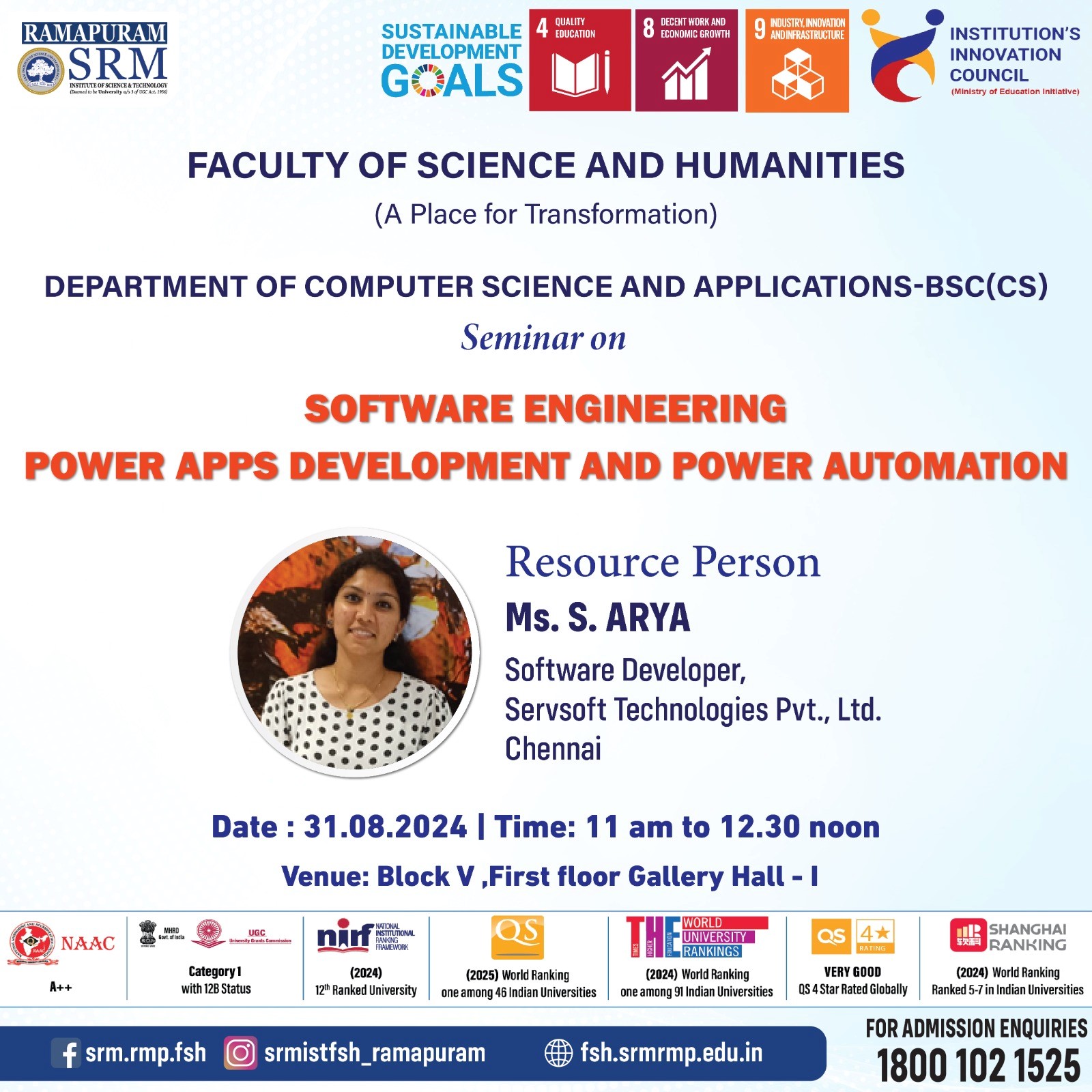 Poster for the Seminar on Software Engineering: Power Apps Development and Power Automation organized by the Department of Computer Science and Applications – B.Sc. (CS), Faculty of Science and Humanities, SRM Institute of Science and Technology, Ramapuram, on 31 August 2024.