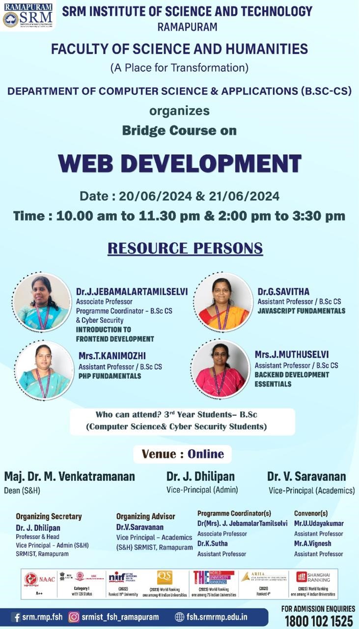 Poster for the Bridge Course on Web Development organized by the Department of Computer Science and Applications – B.Sc. (CS), Faculty of Science and Humanities, SRM Institute of Science and Technology, Ramapuram, on 20–21 June 2024.