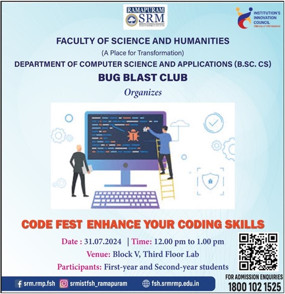 Code Fest coding skills event poster by the Bug Blast Club at SRM Ramapuram B.Sc. Computer Science Department.