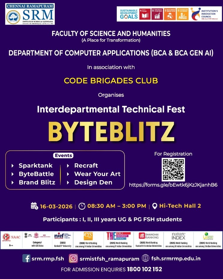 SRM ByteBlitz interdepartmental technical fest poster with event list and registration QR code.
