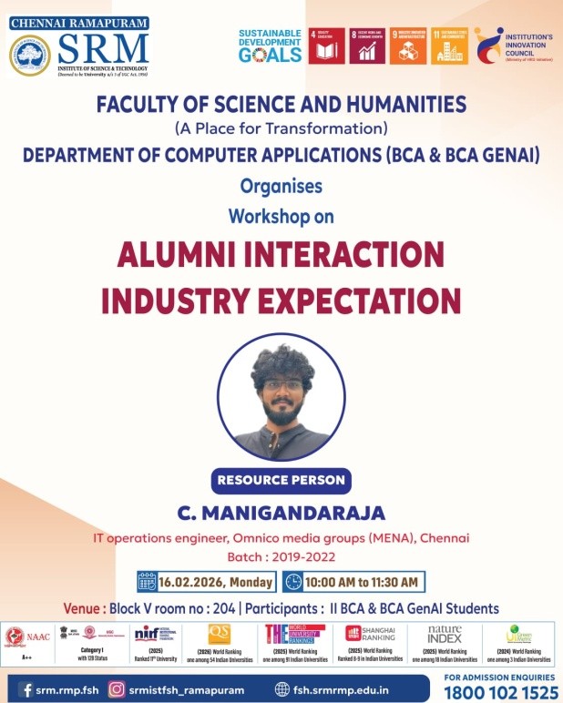 SRM Ramapuram alumni interaction workshop poster featuring C. Manigandaraja on 16 February 2026.