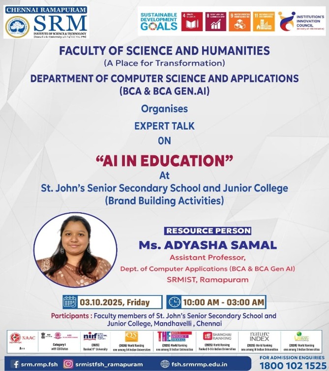SRM expert talk poster on AI in Education featuring Ms. Adyasha Sama