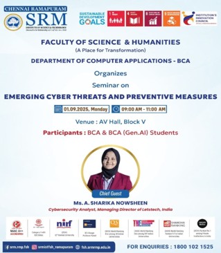 SRM seminar poster on emerging cyber threats and preventive measures.