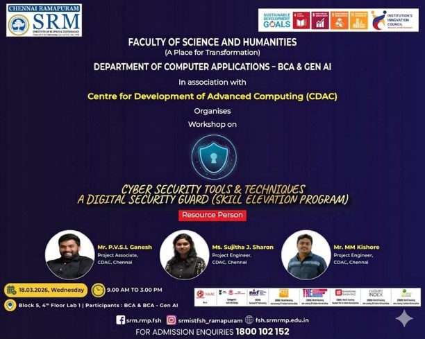 SRM workshop poster on cyber security tools and techniques with CDAC resource persons.