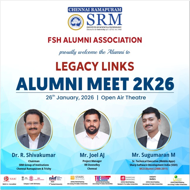 Poster for Legacy Links – Alumni Meet 2K26 organized by the FSH Alumni Association, SRM Institute of Science and Technology, Ramapuram, on 26 January 2026 at the Open Air Theatre
