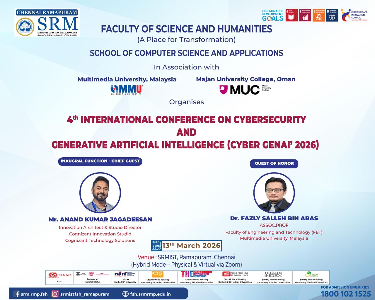 Poster for the 4th International Conference on Cybersecurity and Generative Artificial Intelligence (Cyber GenAI 2026) organized by SRM Institute of Science and Technology, Ramapuram, on 13 March 2026 in hybrid mode.