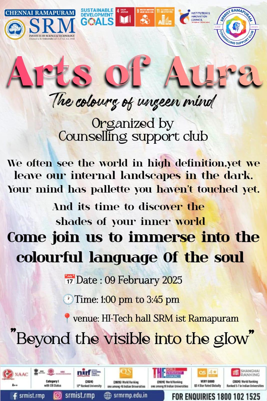 Poster for Arts of Aura – The Colours of Unseen Mind, organized by the Counselling Support Club at SRM Institute of Science and Technology, Ramapuram, on 09 February 2025.