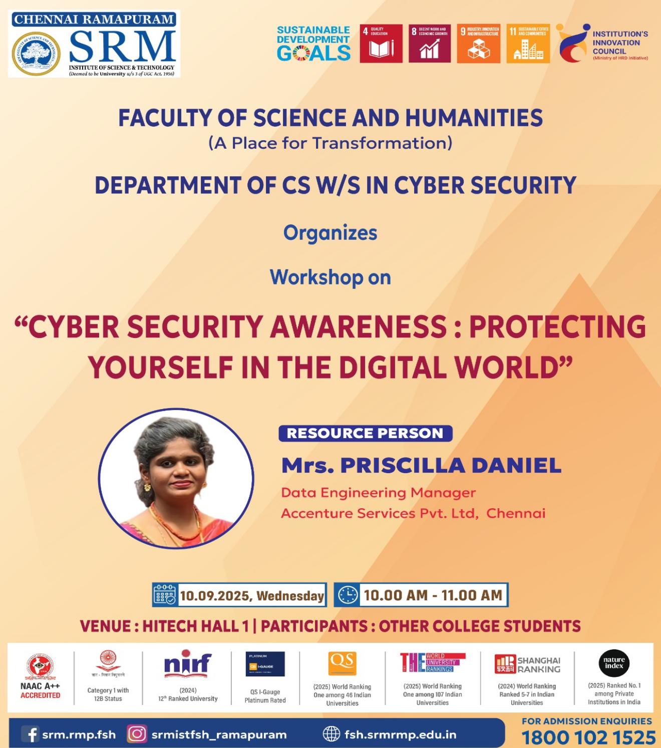Poster for the Cyber Security Awareness workshop on protecting yourself in the digital world, organized by the Department of Computer Science with Cyber Security, SRM Ramapuram.