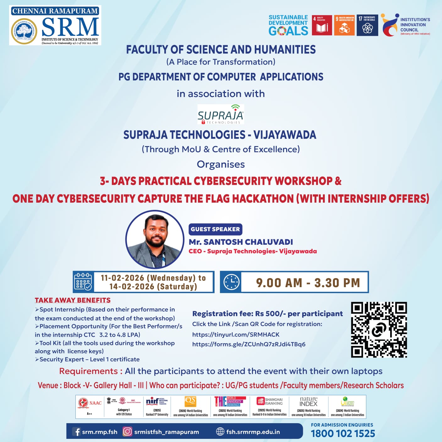 Cybersecurity workshop and CTF hackathon poster organized by SRM Ramapuram PG Department of Computer Applications.