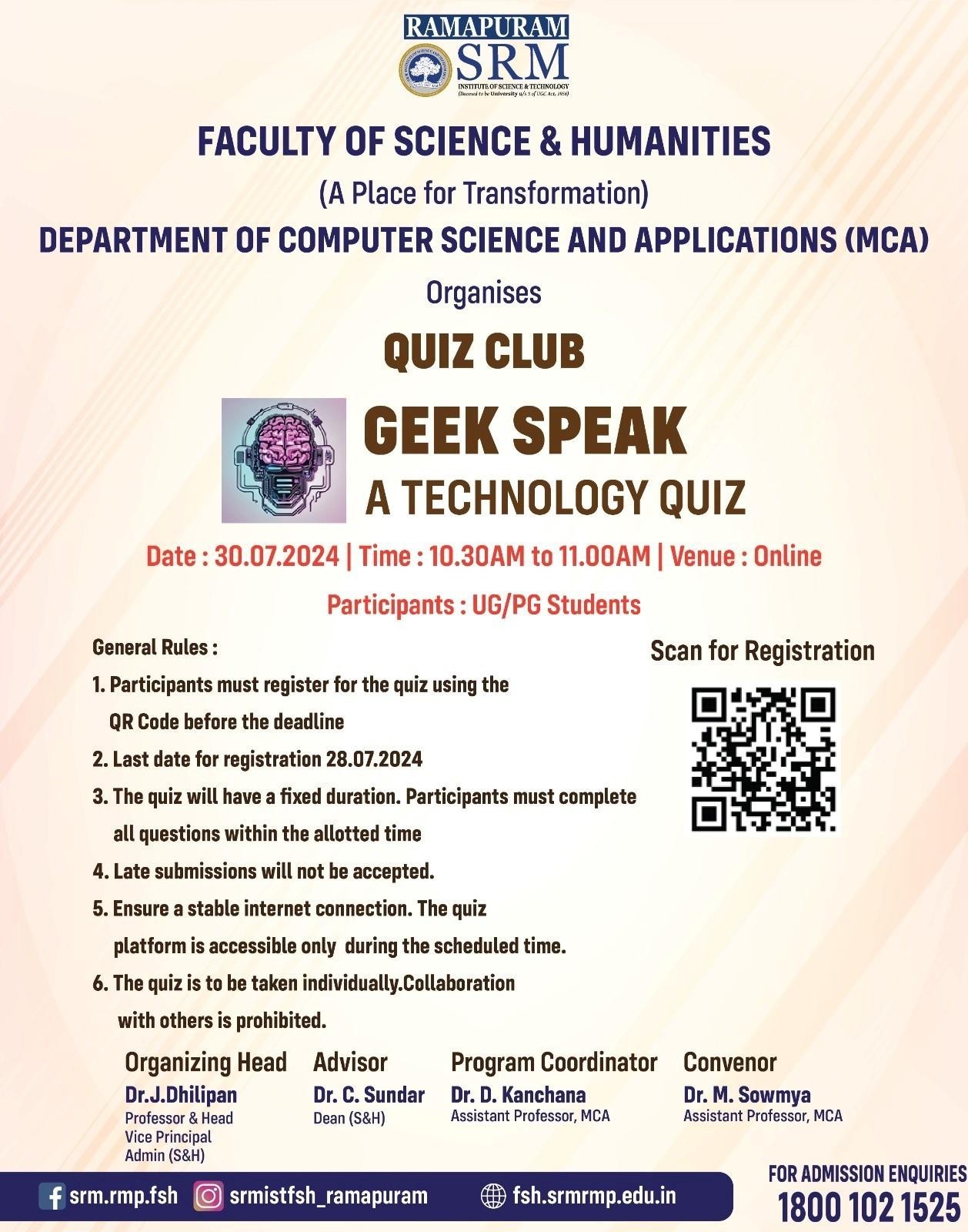 Poster for "Geek Speak: A Technology Quiz" organized by the Quiz Club of the Department of Computer Science and Applications (MCA), SRM Institute of Science and Technology, Ramapuram, for UG and PG students.