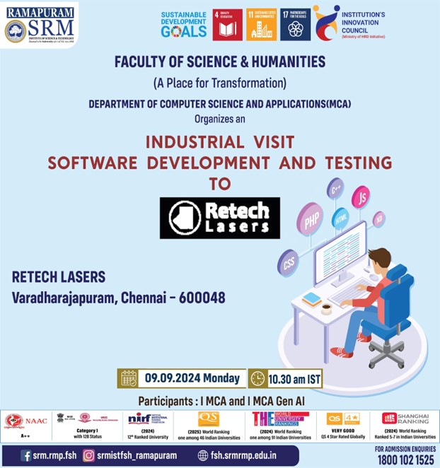 Poster for the Industrial Visit on Software Development and Testing to Retech Lasers organized by the Department of Computer Science and Applications (MCA), SRM Institute of Science and Technology, Ramapuram, for first-year MCA and MCA Gen AI students.