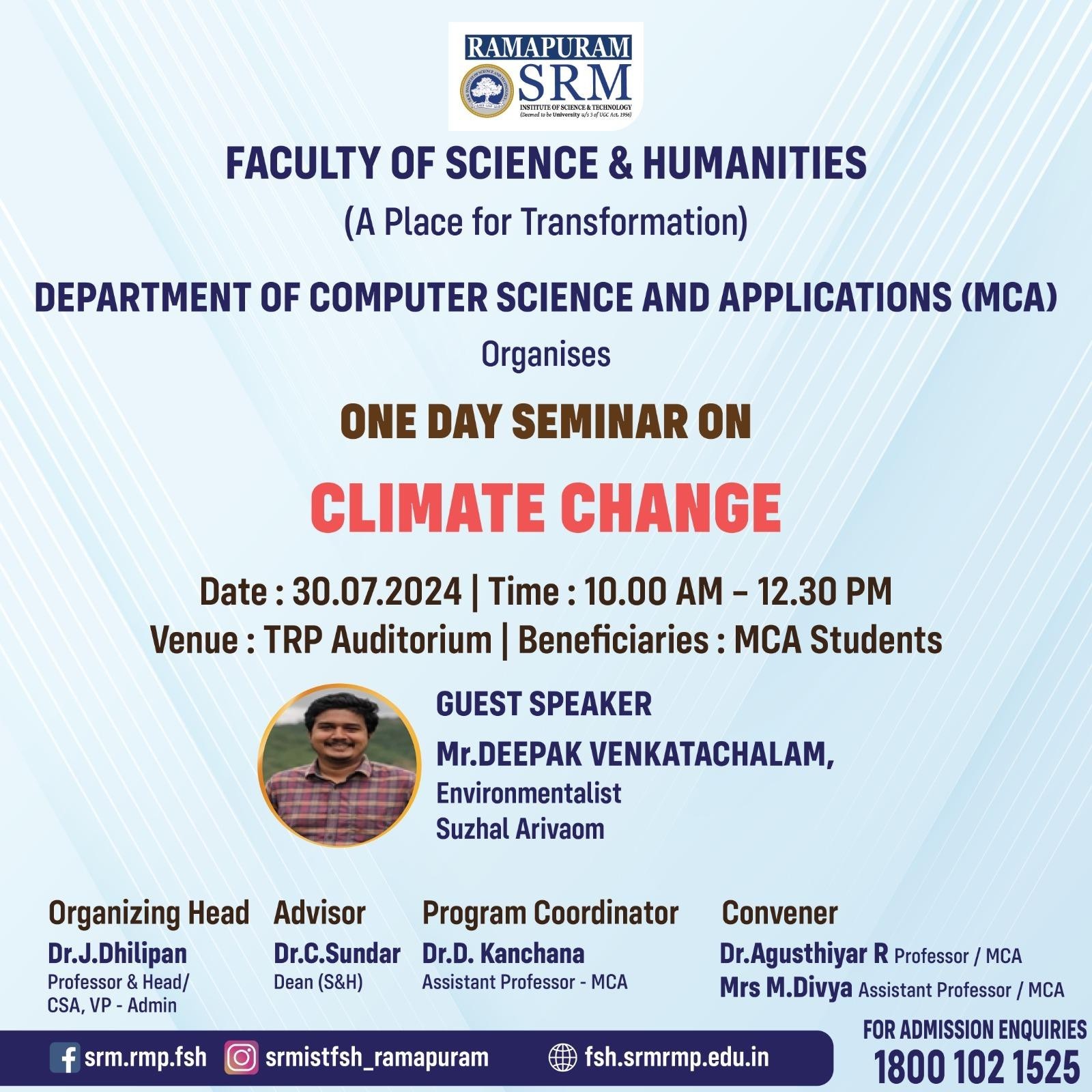 Poster for the One-Day Seminar on Climate Change organized by the Department of Computer Science and Applications (MCA), SRM Institute of Science and Technology, Ramapuram, featuring environmentalist Mr. Deepak Venkatachalam as the guest speaker.