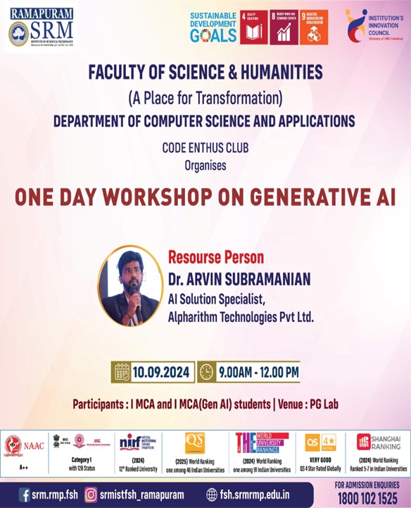 Poster for the One-Day Workshop on Generative AI organized by the Code Enthus Club of the Department of Computer Science and Applications, SRM Institute of Science and Technology, Ramapuram, featuring Dr. Arvin Subramanian as the resource person.