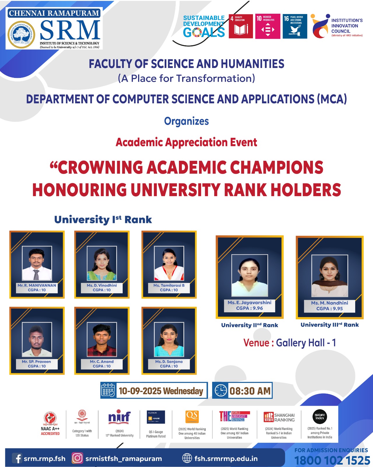 SRM Ramapuram MCA Academic Appreciation Event honoring University Rank Holders 2025.